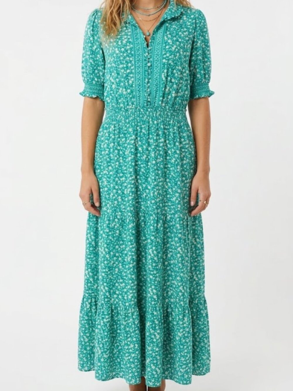 London Times Green White Floral Print Short Sleeve Ruffle Maxi Dress Size 14W